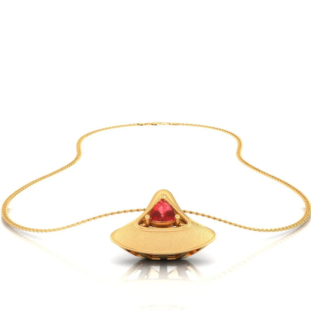 14k Gold Pendant In The Shape Of A Cone With A Red Stone In The Centre