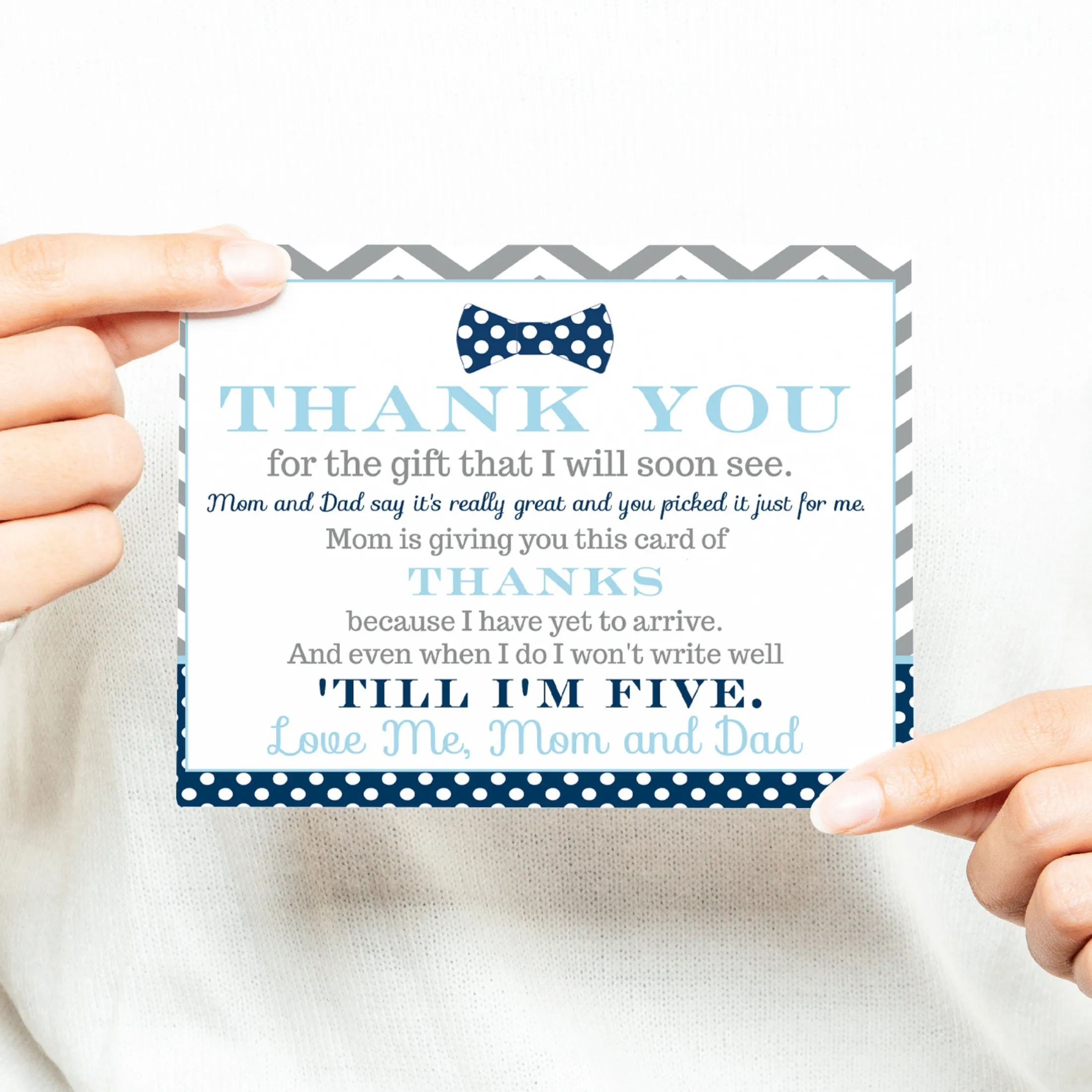 Bow Tie Boys Baby Shower Thank You Cards - 15 Pack Elegant Notecards with Gray Envelopes, 4x6