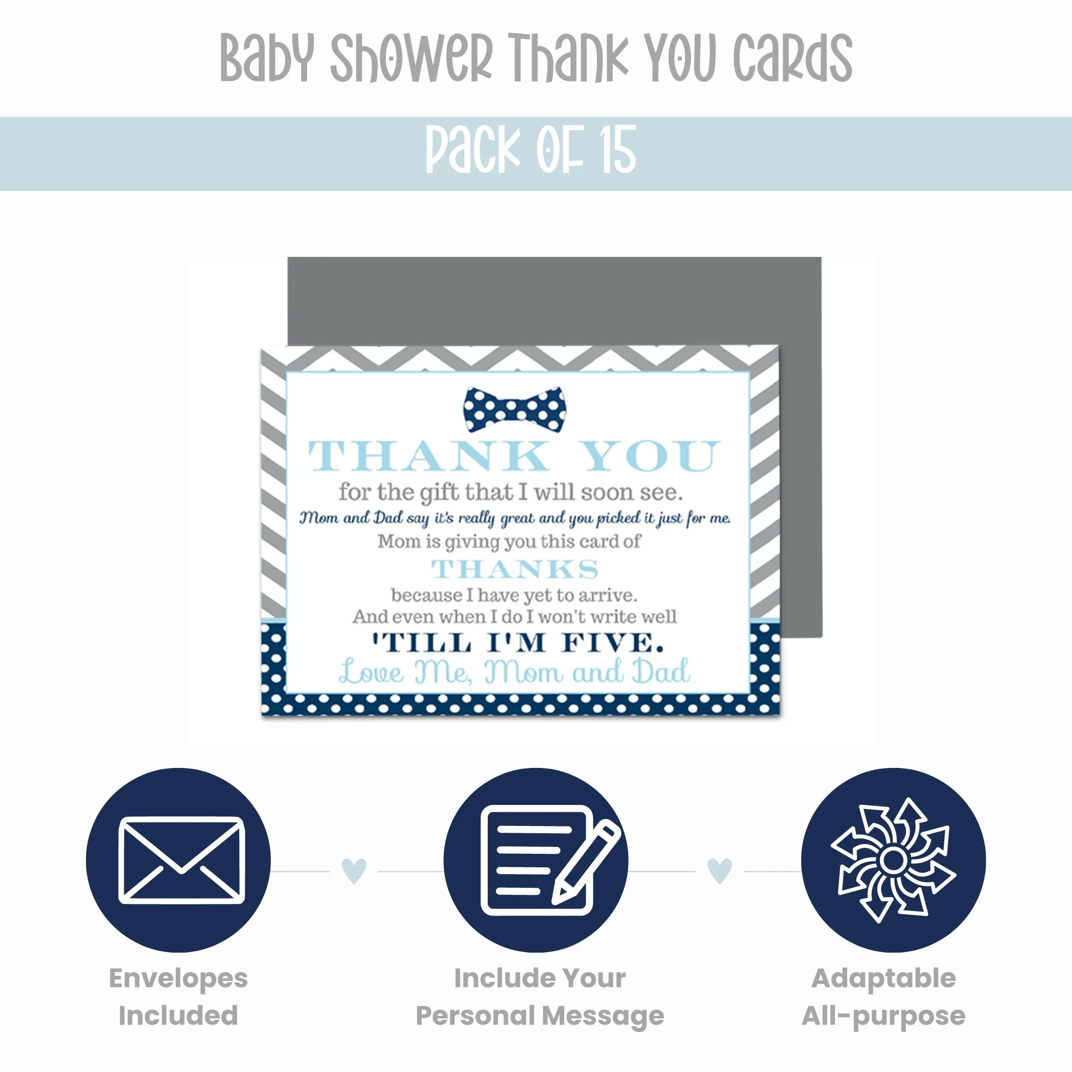 Bow Tie Boys Baby Shower Thank You Cards - 15 Pack Elegant Notecards with Gray Envelopes, 4x6