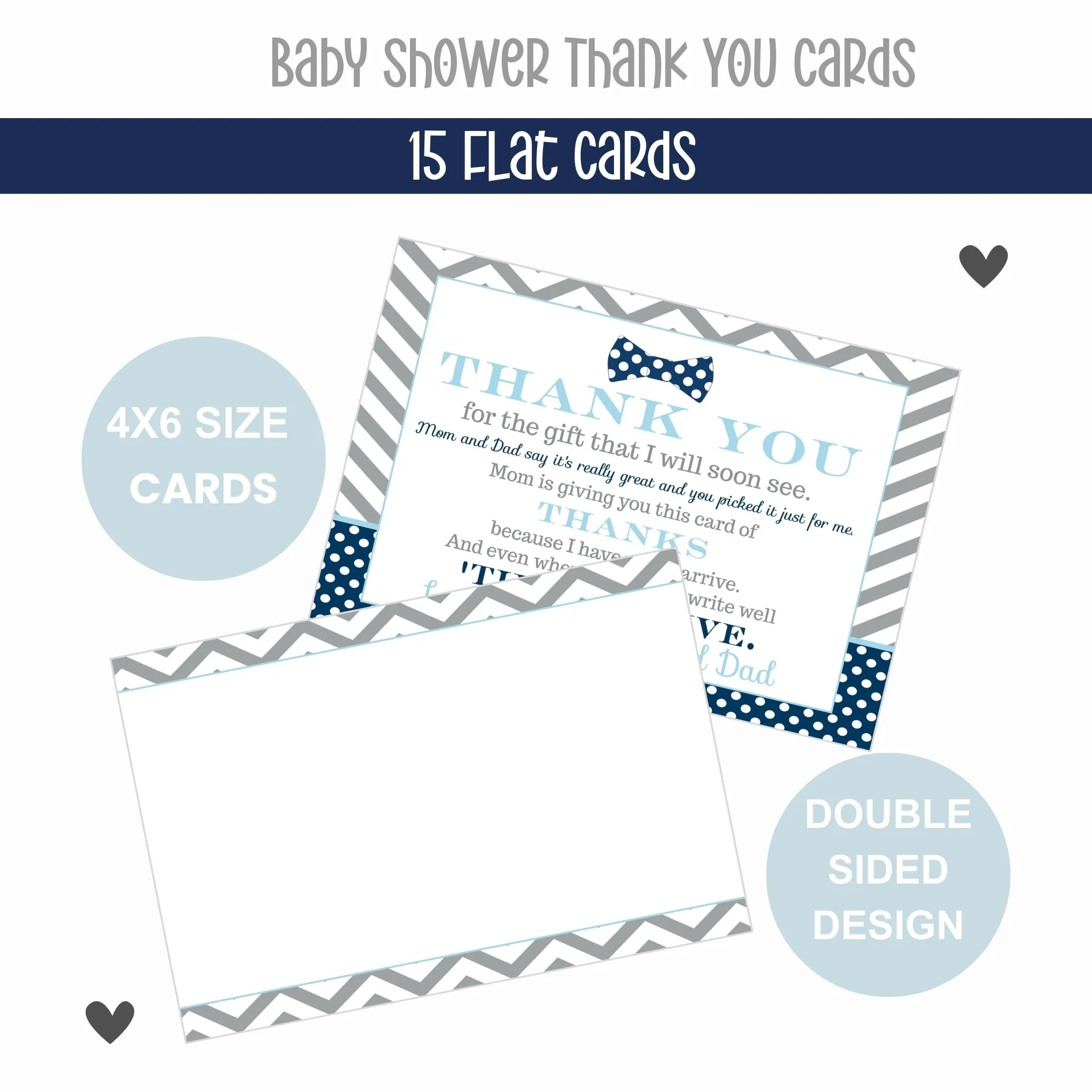 Bow Tie Boys Baby Shower Thank You Cards - 15 Pack Elegant Notecards with Gray Envelopes, 4x6