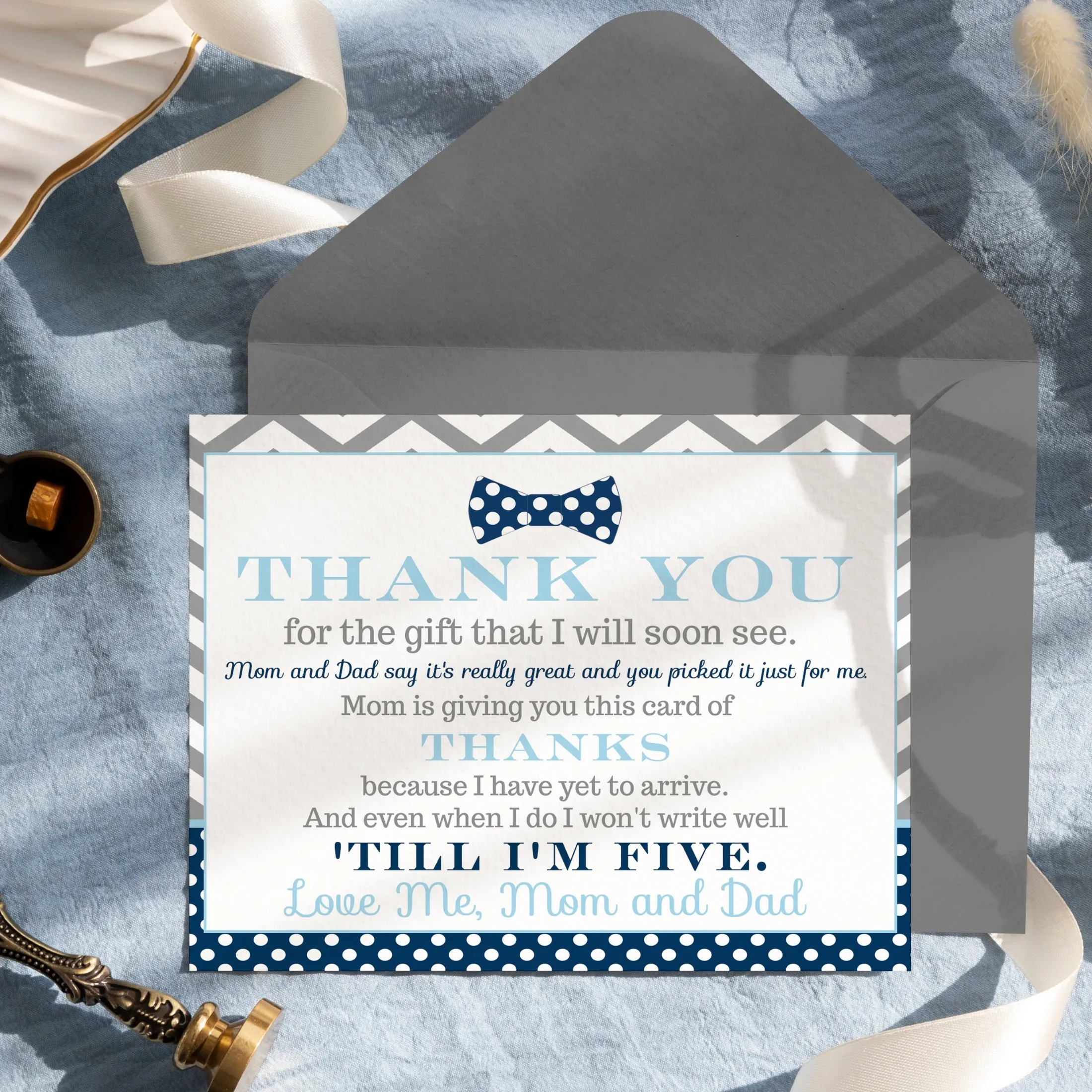 Bow Tie Boys Baby Shower Thank You Cards - 15 Pack Elegant Notecards with Gray Envelopes, 4x6