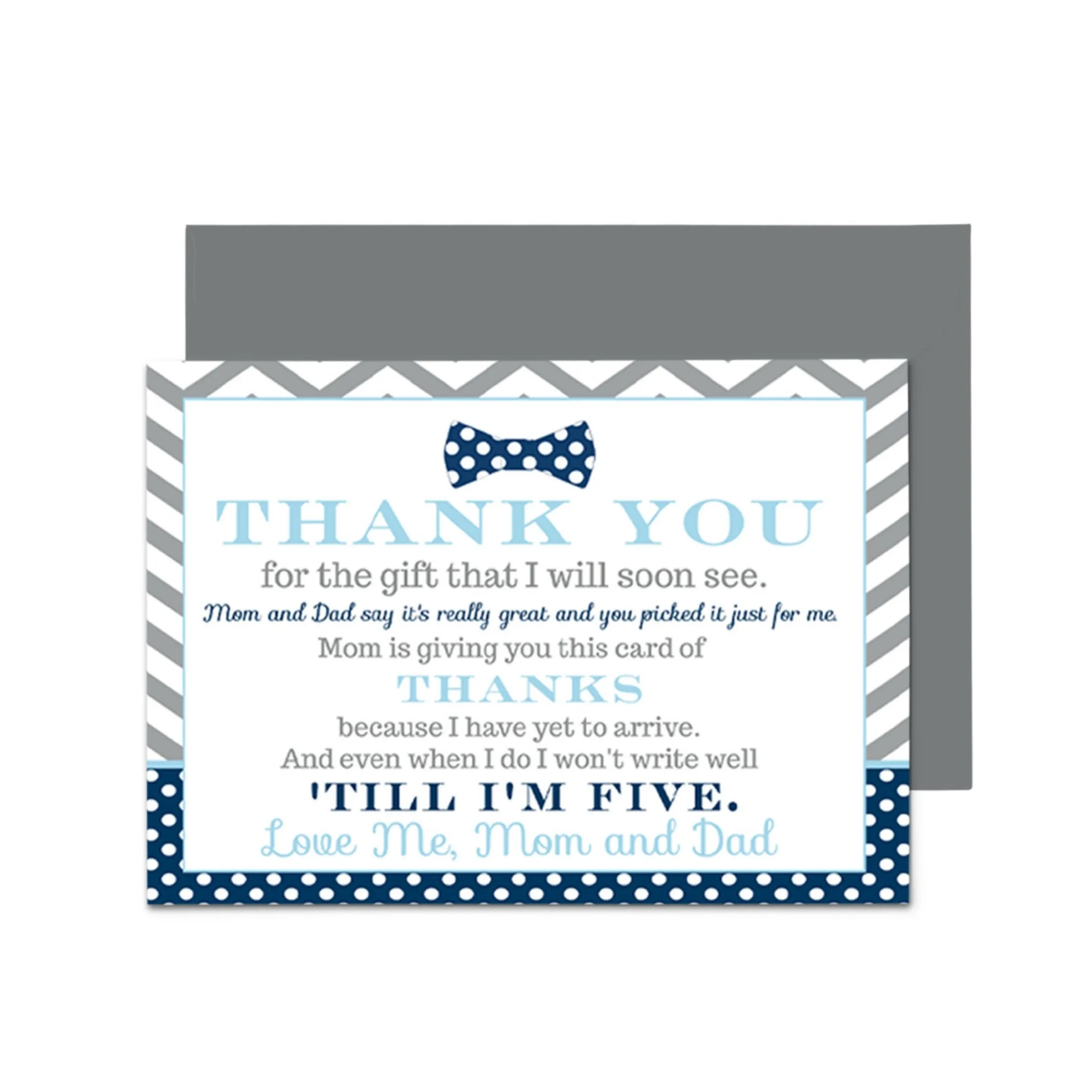 Bow Tie Boys Baby Shower Thank You Cards - 15 Pack Elegant Notecards with Gray Envelopes, 4x6