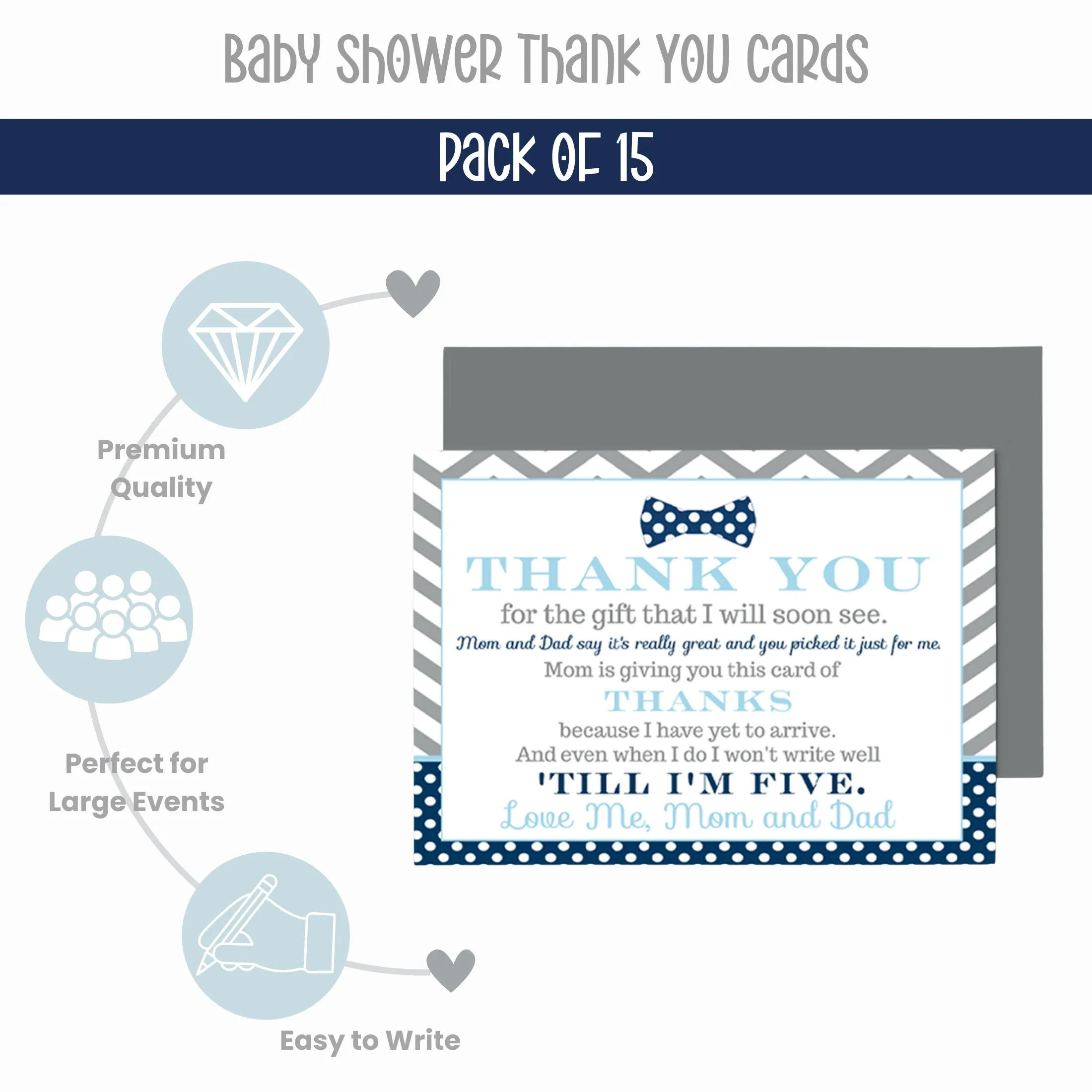 Bow Tie Boys Baby Shower Thank You Cards - 15 Pack Elegant Notecards with Gray Envelopes, 4x6