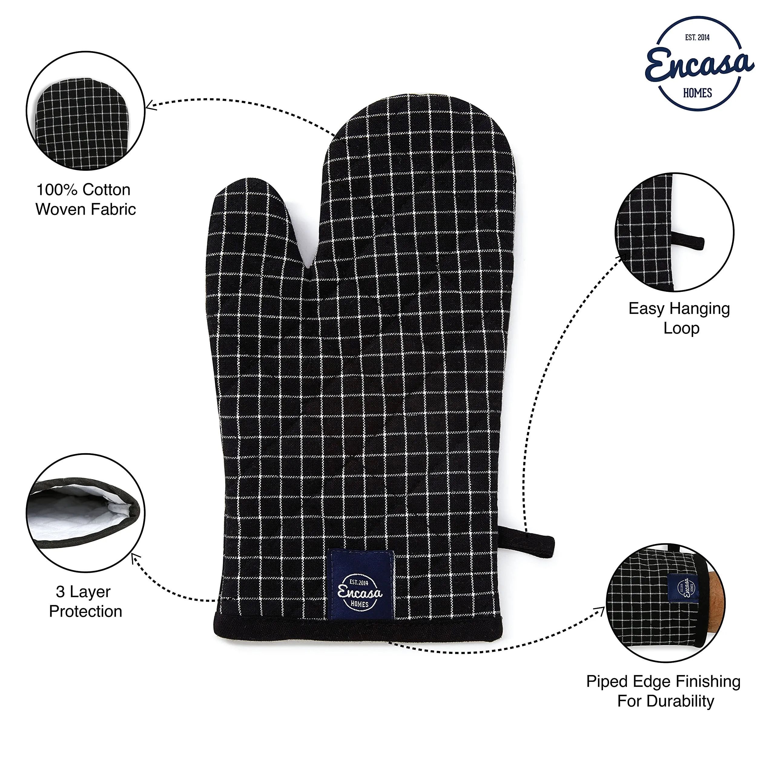 Encasa Homes Long 30 cm Oven Microwave Hand Gloves Mitts (2 pc Set) for Kitchen Cooking & Baking - Heat Resistant, Thick & Safe, Protection of Hands from Hot Utensils, Grill- Butcher Checks Black