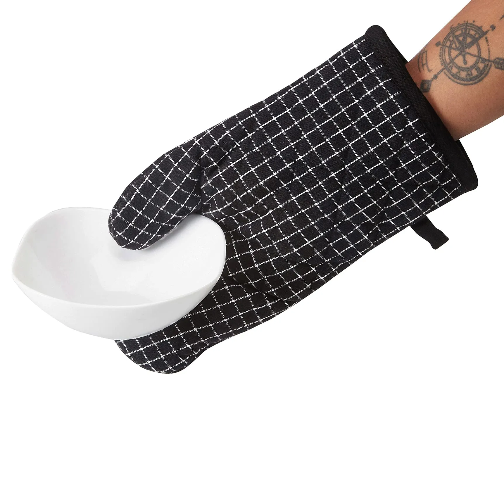 Encasa Homes Long 30 cm Oven Microwave Hand Gloves Mitts (2 pc Set) for Kitchen Cooking & Baking - Heat Resistant, Thick & Safe, Protection of Hands from Hot Utensils, Grill- Butcher Checks Black