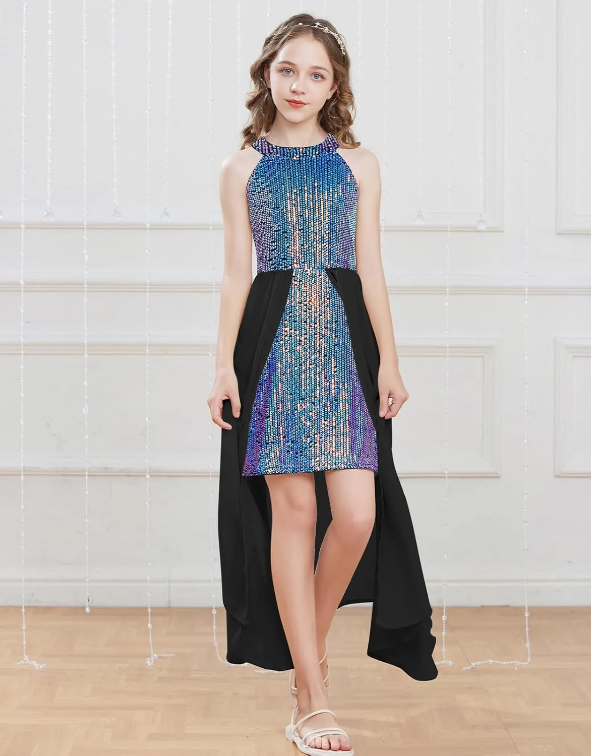 GRACE KARIN Girls Halter Neck Sequin Dress 6-14Y Kids Fancy Formal Party Prom Sparkly Pageant Birthday Graduation Dresses