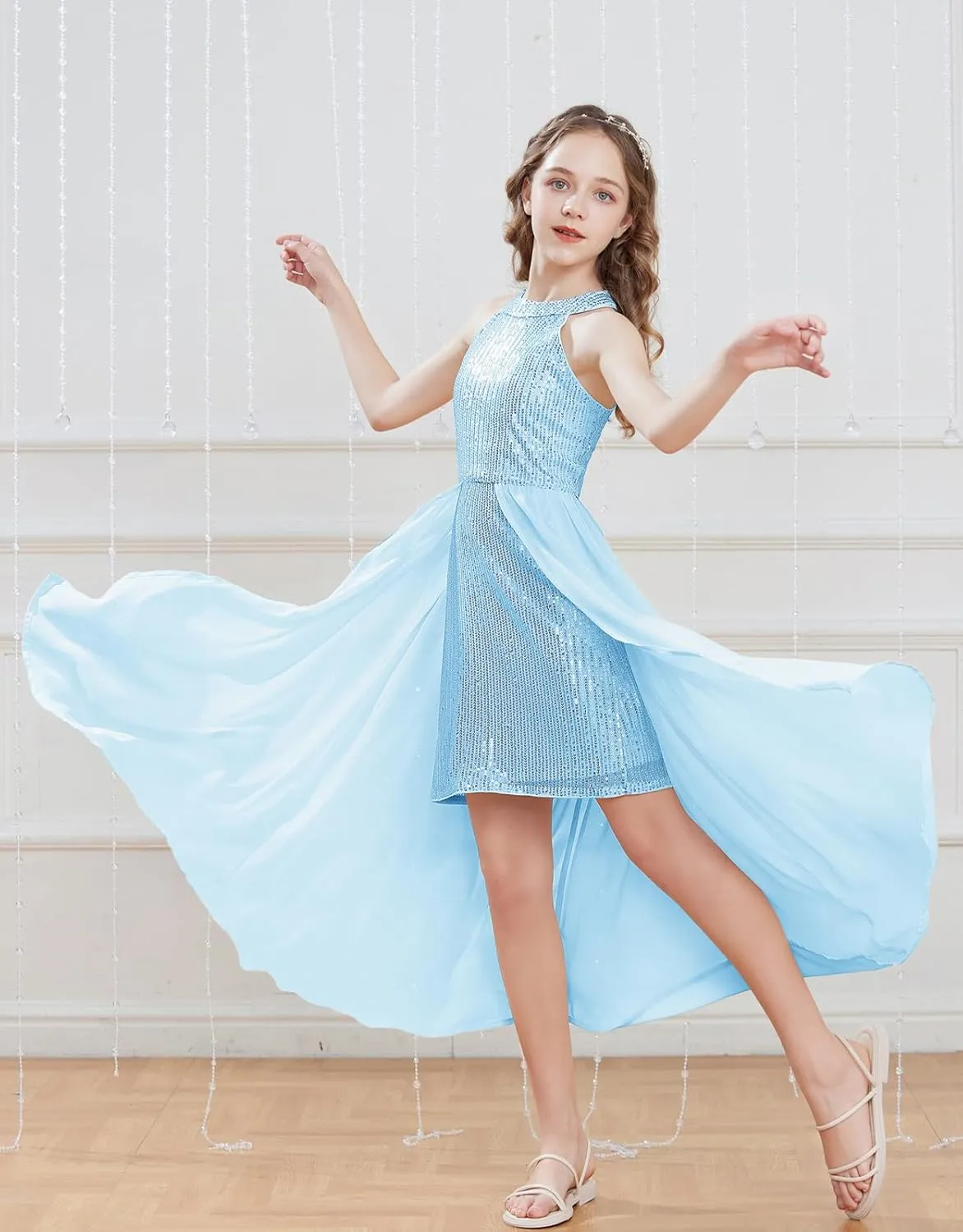GRACE KARIN Girls Halter Neck Sequin Dress 6-14Y Kids Fancy Formal Party Prom Sparkly Pageant Birthday Graduation Dresses
