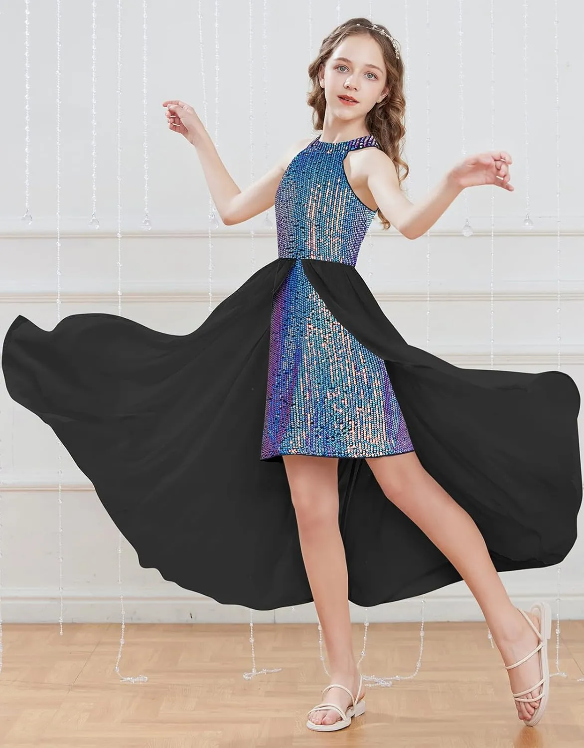 GRACE KARIN Girls Halter Neck Sequin Dress 6-14Y Kids Fancy Formal Party Prom Sparkly Pageant Birthday Graduation Dresses