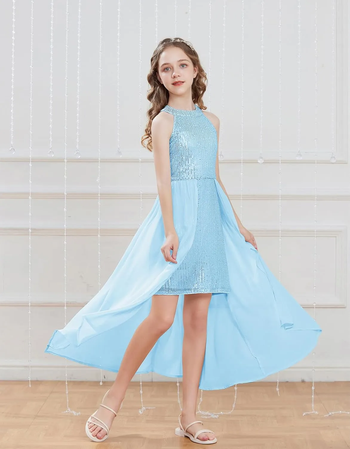 GRACE KARIN Girls Halter Neck Sequin Dress 6-14Y Kids Fancy Formal Party Prom Sparkly Pageant Birthday Graduation Dresses