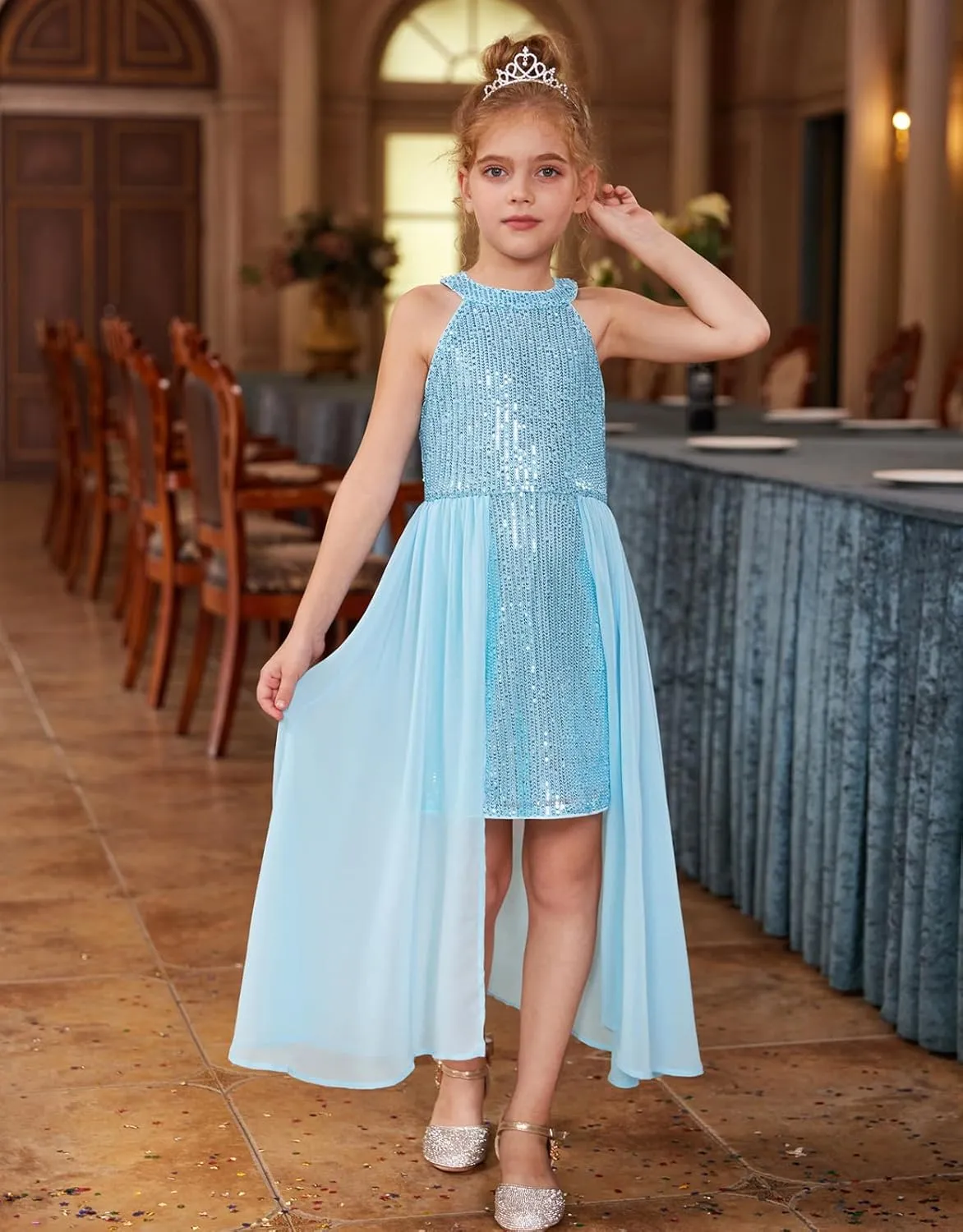 GRACE KARIN Girls Halter Neck Sequin Dress 6-14Y Kids Fancy Formal Party Prom Sparkly Pageant Birthday Graduation Dresses