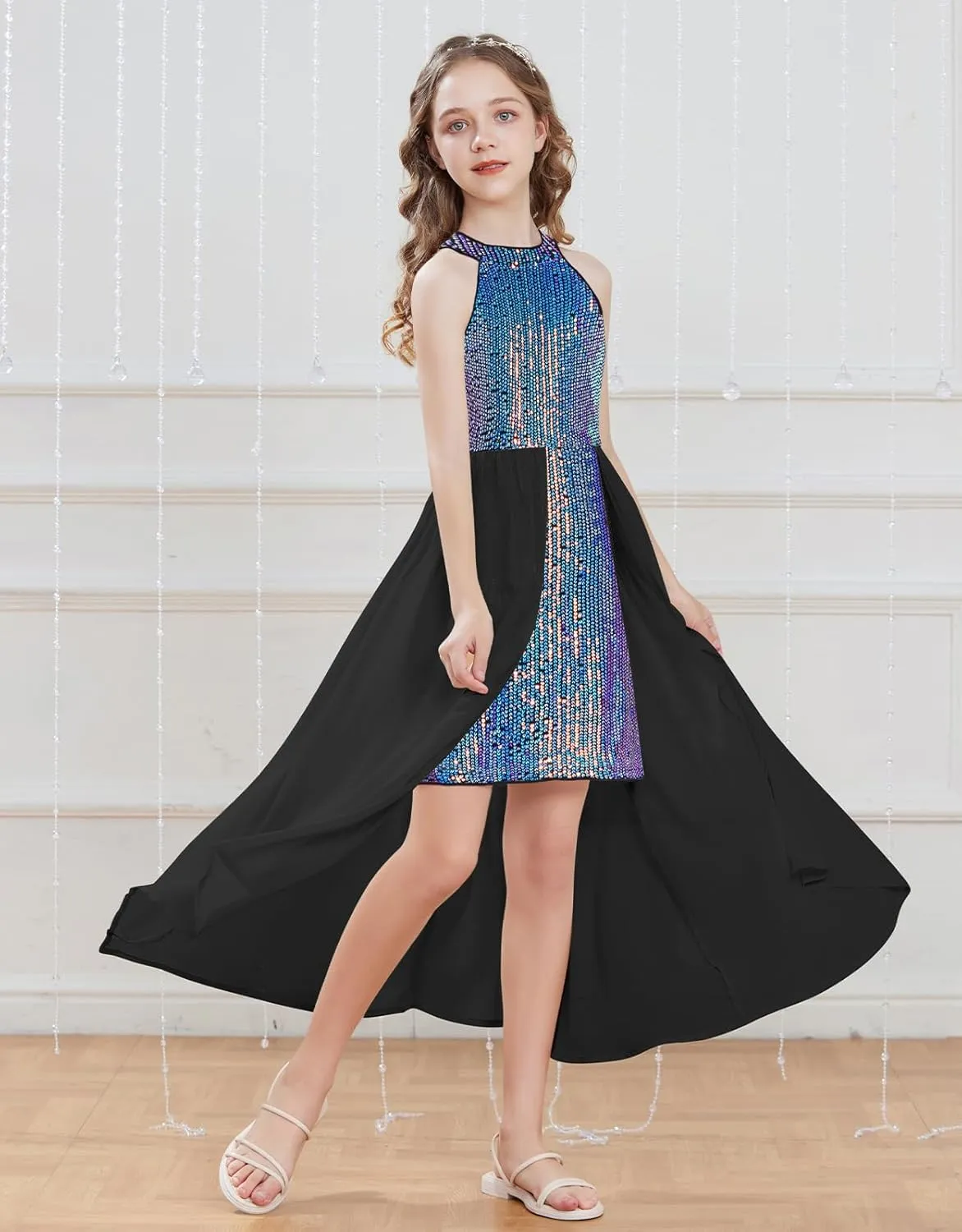 GRACE KARIN Girls Halter Neck Sequin Dress 6-14Y Kids Fancy Formal Party Prom Sparkly Pageant Birthday Graduation Dresses