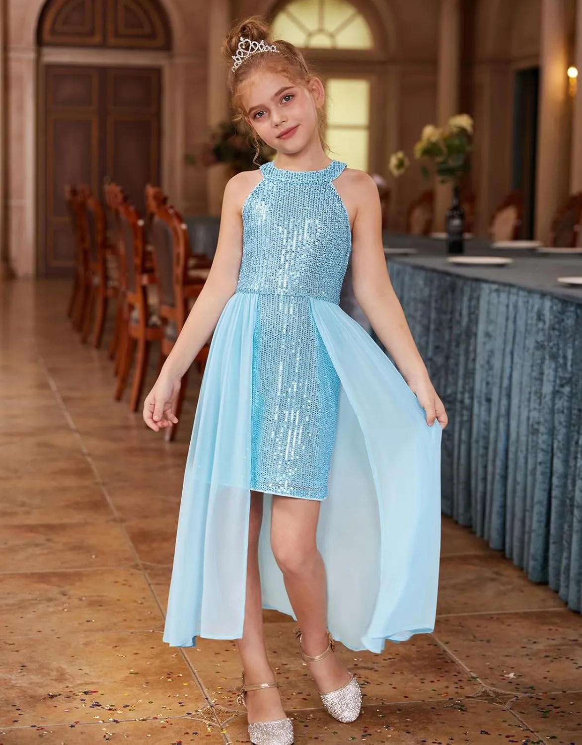 GRACE KARIN Girls Halter Neck Sequin Dress 6-14Y Kids Fancy Formal Party Prom Sparkly Pageant Birthday Graduation Dresses