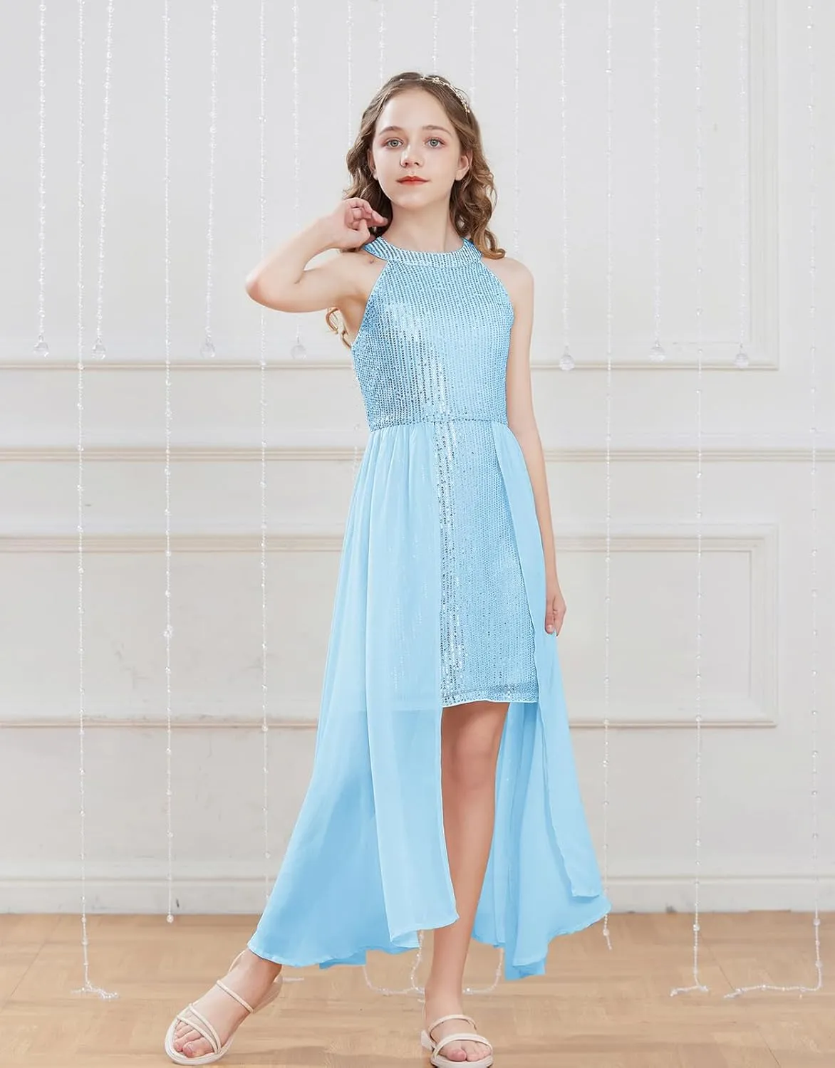 GRACE KARIN Girls Halter Neck Sequin Dress 6-14Y Kids Fancy Formal Party Prom Sparkly Pageant Birthday Graduation Dresses