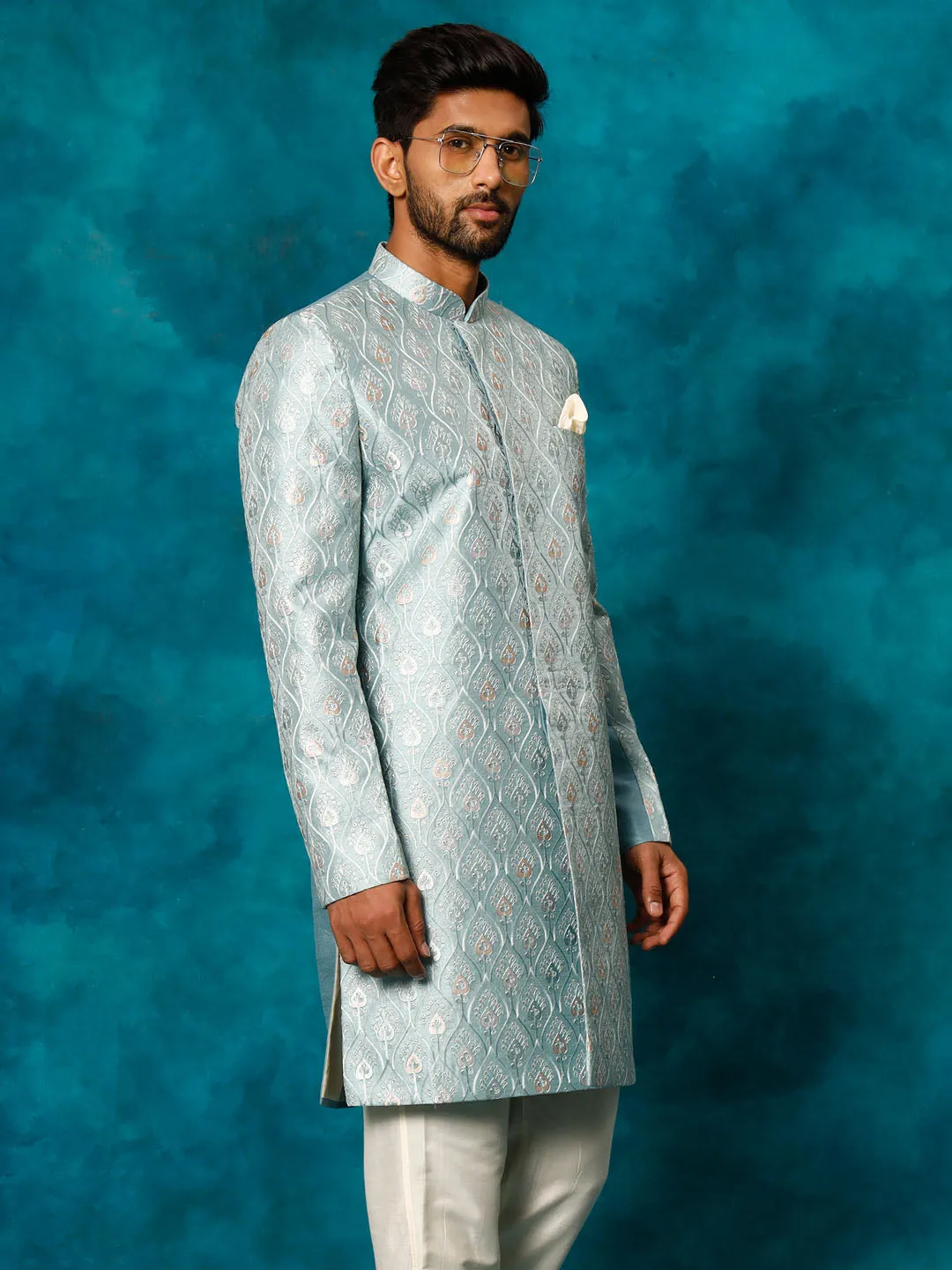 Jashvi Men's Mint Green Pastel Embroidered Sherwani Only Top