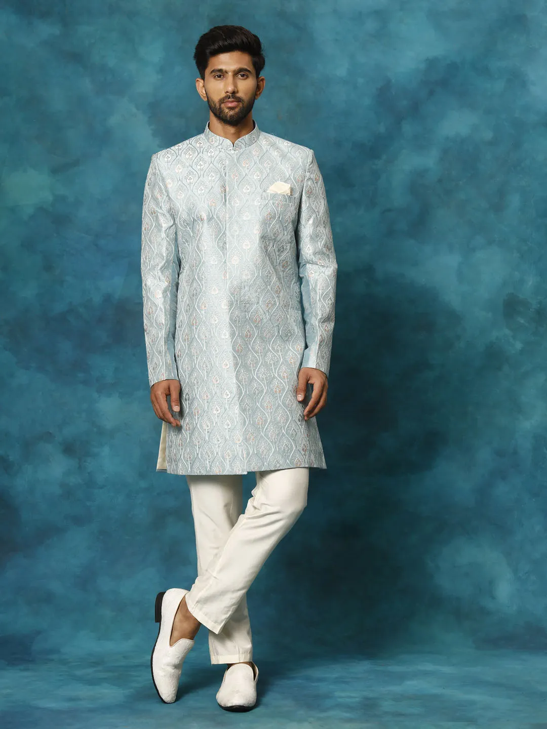 Jashvi Men's Mint Green Pastel Embroidered Sherwani Only Top