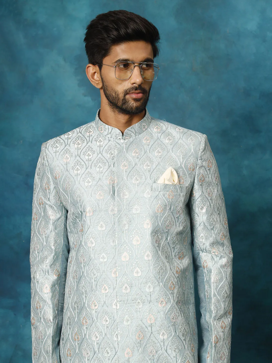 Jashvi Men's Mint Green Pastel Embroidered Sherwani Only Top