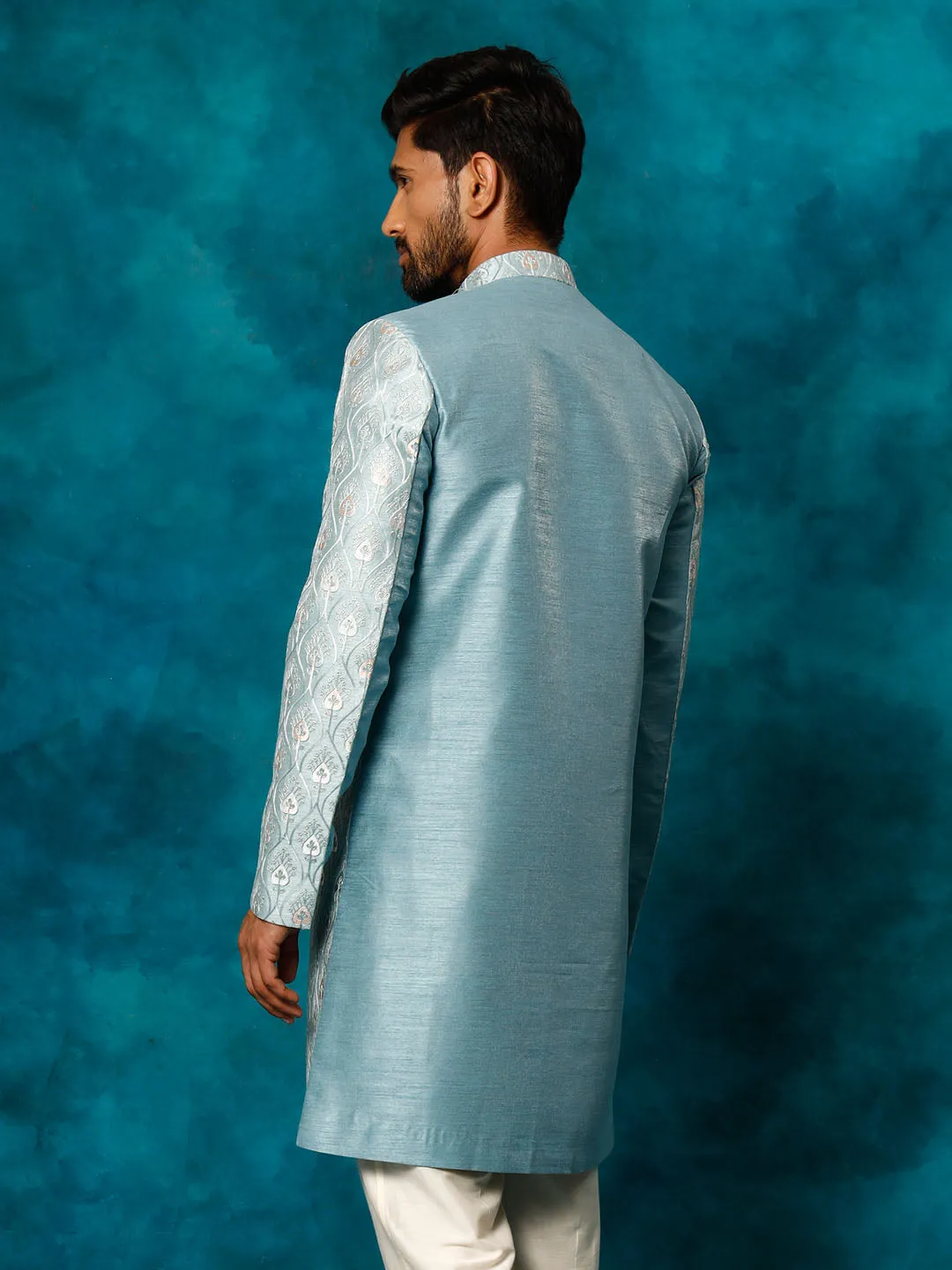 Jashvi Men's Mint Green Pastel Embroidered Sherwani Only Top