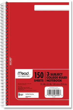 Mead 06900 Spiral Bound Notebook, Perforated, College Rule, 3 Subject, 9.5" x 5.5", White, 150 Sheets