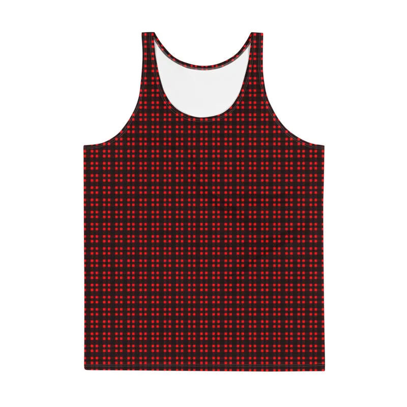 Red Black Buffalo Plaid Tank, Plaid Print Designer Unisex Men's or Women's Tank Top- Made in USA