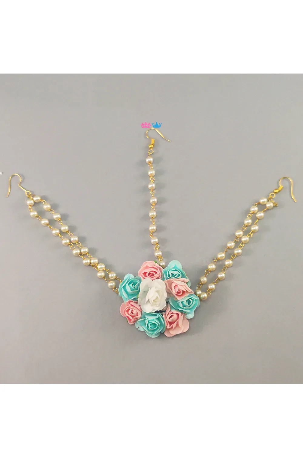 White with peach and mint green floral maang tikka