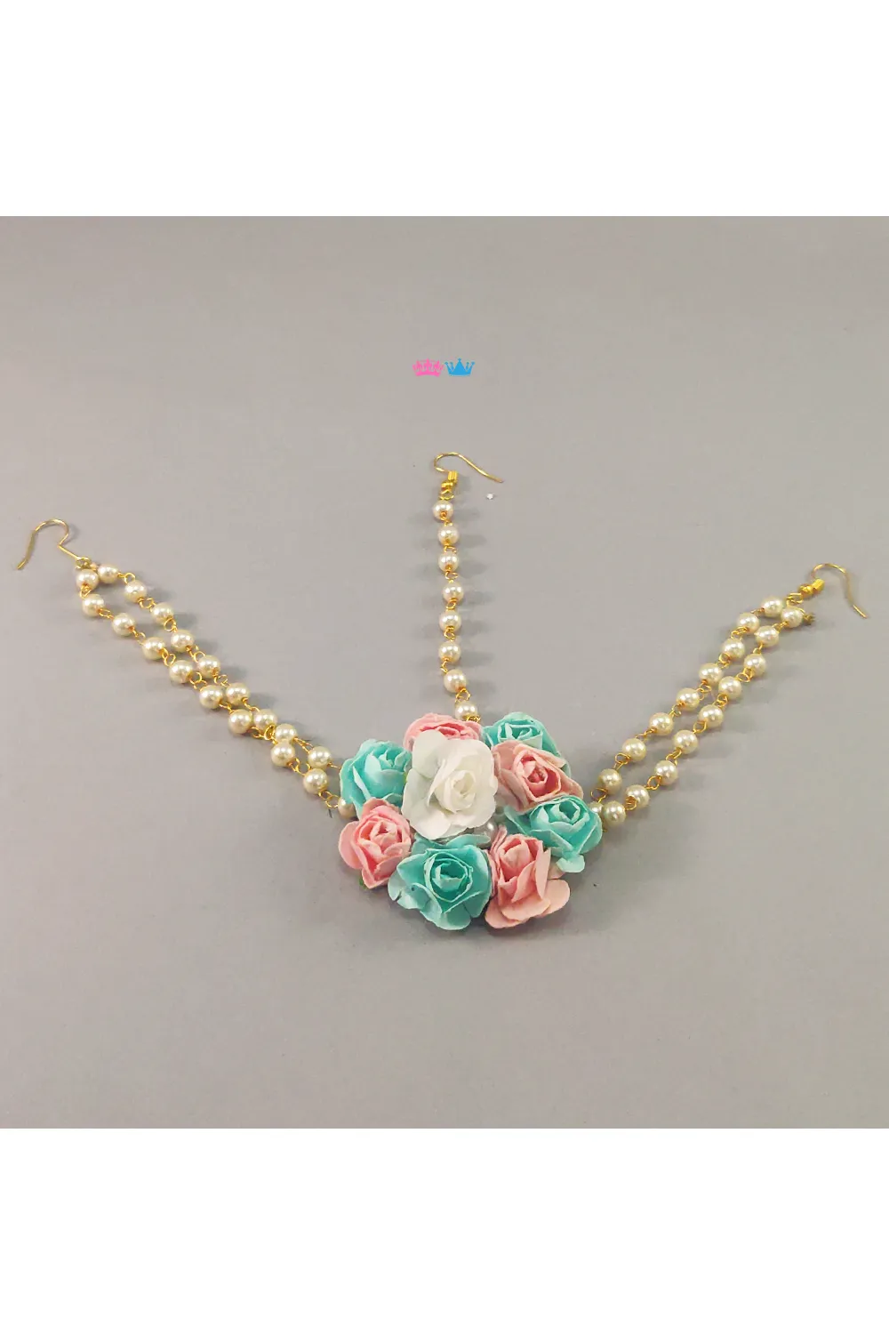 White with peach and mint green floral maang tikka