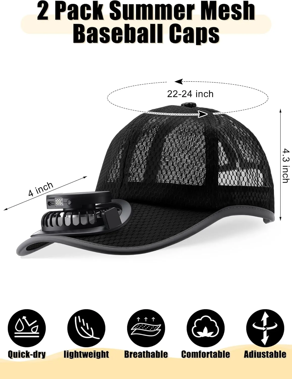 Yaomiao 2 Pcs Baseball Cap with Solar Fan Unisex Sun Protection USB Charging Fan Mesh Hat for Summer Outdoor