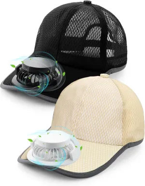 Yaomiao 2 Pcs Baseball Cap with Solar Fan Unisex Sun Protection USB Charging Fan Mesh Hat for Summer Outdoor